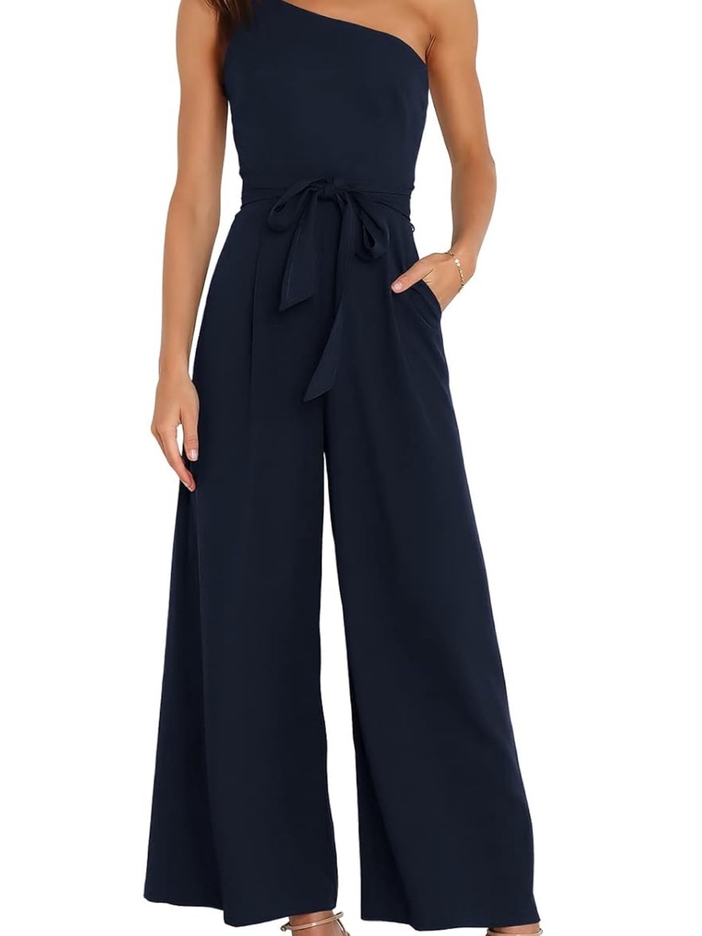 Asymmetrical One-Shoulder Navy Tie-Waist Wide-Leg Jumpsuit